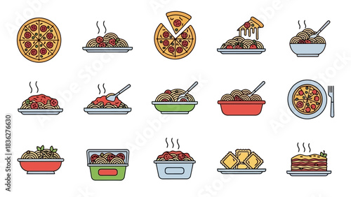 Vibrant Vector Icon Set Classic Italian Cuisine Dishes including Delicious Pizza, Hearty Pasta with Meatballs, and Savory Lasagna, ideal for food-related concepts