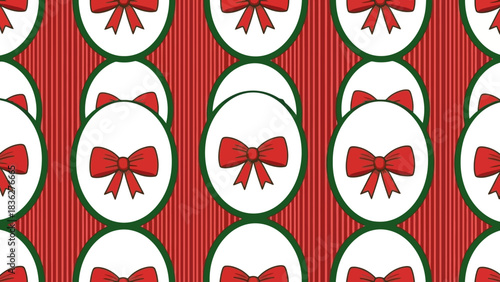 Festive Holiday Pattern Repeating design of red bows inside white ovals set against red and green vertical stripes