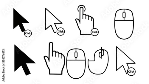 Conceptual set of computer mouse cursors and hand pointer icons, illustrating various clicking actions and interactive elements for digital interface design