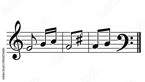 Monochrome graphic of a musical phrase on a stave, illustrating the fundamental elements of music theory and sound creation