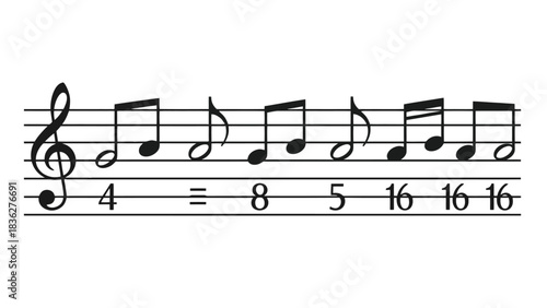 Monochrome illustration of musical notation on a staff, demonstrating rhythm with eighth and sixteenth notes and corresponding numbers for learning music theory