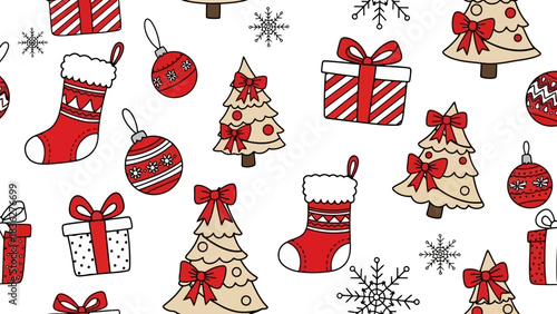 Festive Holiday Christmas Pattern Gifts, Trees, Stockings, and Ornaments on a White Background