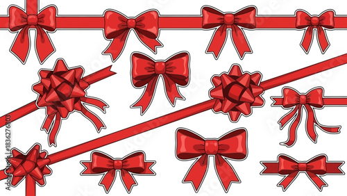 Vibrant collection of red gift bows and decorative ribbons, perfect for holiday packaging, festive occasions, and special celebration designs, showcasing various elegant tie styles