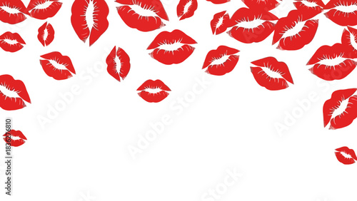 Passionate Kiss Marks Red Lips Scattered on White Background - Vibrant Love and Affection