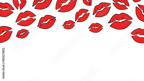 Vibrant red lip prints form a playful, romantic border on a crisp white background. Ideal for beauty, fashion, love-themed graphic designs, invitations, and digital promotions