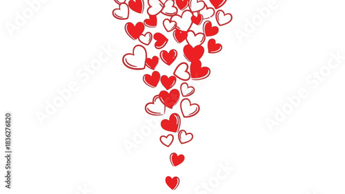 A romantic concept of love illustrated by a cascade of falling hand-drawn red and white hearts on an isolated white background for Valentine's Day