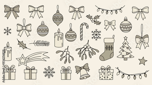 Elegant Christmas Illustration Collection with Ornaments, Gifts, and Festive Decorations