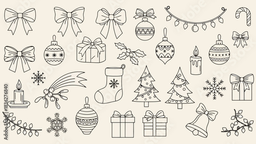 Elegant Christmas Line Art Illustration Holiday Ornaments, Bows, and Festive Decorations