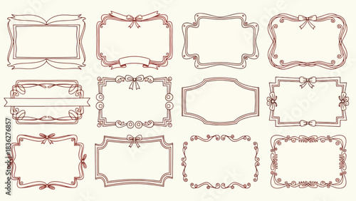 Ornate vintage frames and decorative borders collection, featuring elegant scrollwork, ribbons, and bows for sophisticated design projects and invitations
