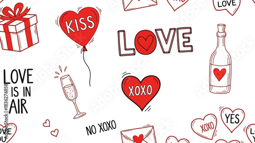 Seamless pattern of Valentine's Day icons including hearts, gifts, and celebratory elements