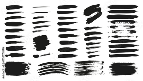 Versatile collection of black paint brush strokes, abstract ink smears, and grunge texture elements, ideal for artistic graphic design and creative projects