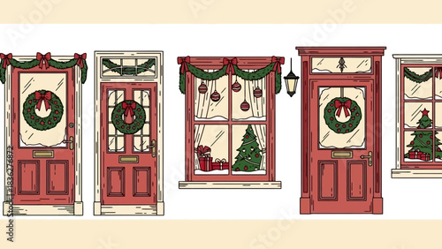 Festive Christmas Home Decorations A charming illustration of traditional red doors and windows adorned with holiday wreaths, garlands, and seasonal decor, perfect for winter celebrations