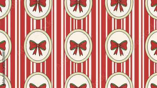 Vintage holiday wallpaper design featuring red ribbon bows in ovals on a classic striped pattern
