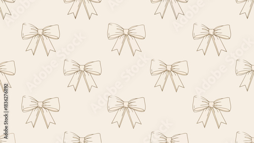 Elegant seamless pattern of hand-drawn ribbon bows in a vintage style, a repetitive background design for festive wrapping paper and textile
