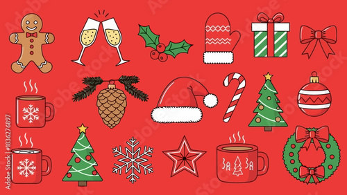 Collection of festive Christmas icons including gingerbread man, Santa hat, candy cane, presents, and more on a red background