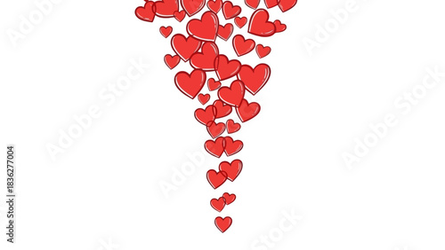 A romantic cascade of hand-drawn red hearts flowing downwards, creating a beautiful stream of love and affection on a white isolated background