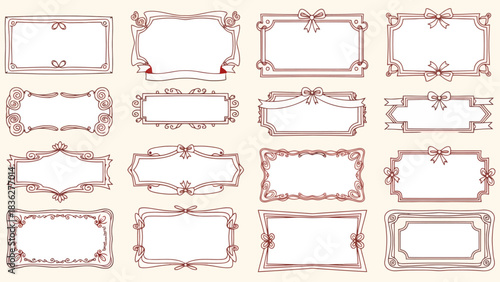 Set of elegant hand-drawn rectangular frames with classic scrollwork, ribbons, and flourishes for a sophisticated design