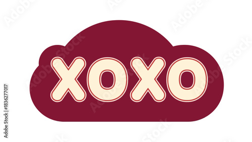 Romantic XOXO lettering graphic symbolizing hugs and kisses, presented in a retro style font inside a maroon cloud shape icon
