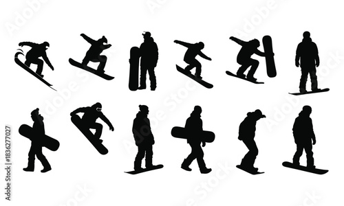 Dynamic snowboarder silhouettes for winter sports and extreme recreation fun.