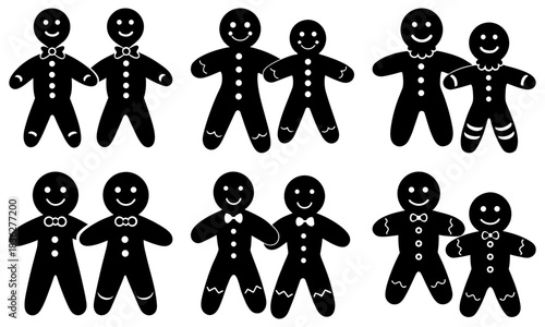 Collection of black gingerbread men in pairs with various decorations and designs shown together in rows