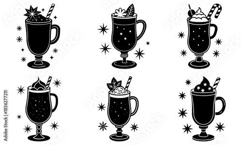 Collection of six stylized black and white festive drinks in tall glasses with toppings and straws