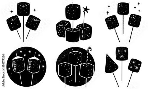 Illustrations of marshmallows on sticks with stars and a candy cane in black and white style