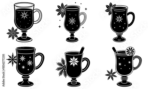 Collection of six stylized mulled wine glasses with star decorations in black and white vector format