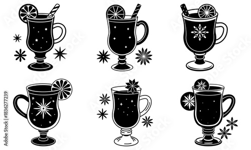 Illustration of six mulled wine glasses decorated with citrus and star shapes on a white background