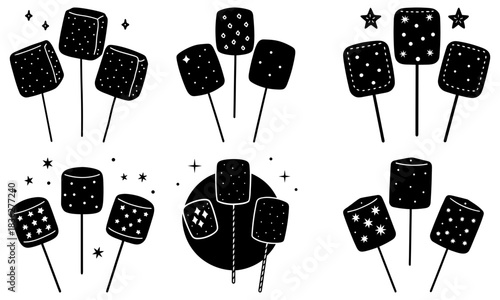 Illustration of assorted marshmallows on sticks with star and dot patterns in black and white style