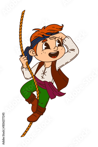 Swinging on rope boy kid pirate sailor cartoon funny character. Corsair boatswain cute mascot, kid pirate crew skipper happy vector character. Filibuster sailor looking in distance boy personage