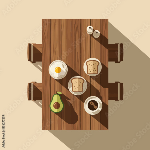Overhead view of a breakfast table with eggs, toast, avocado, and coffee.