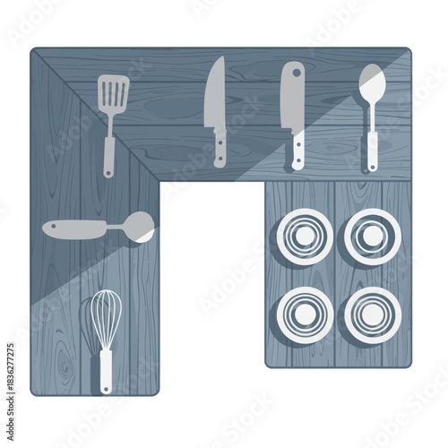 Collection of Kitchen Utensils and Plates on Wooden Surface.