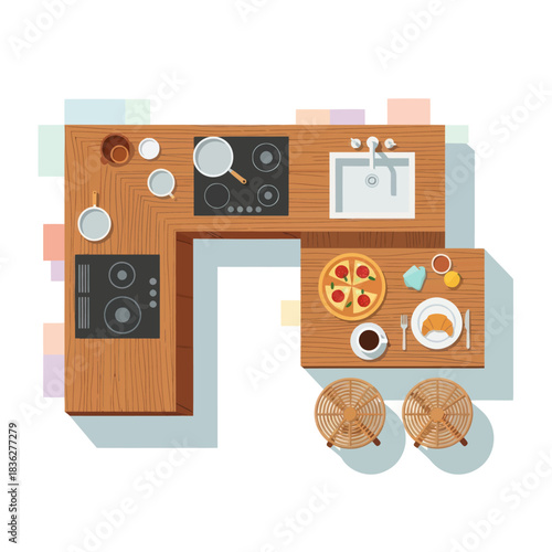 Overhead View of a Modern Kitchen Layout with Breakfast Arrangement.