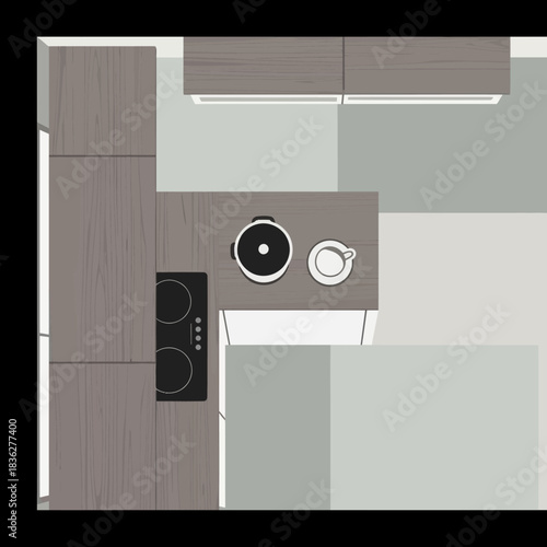 Top down architectural view of a contemporary kitchen layout.