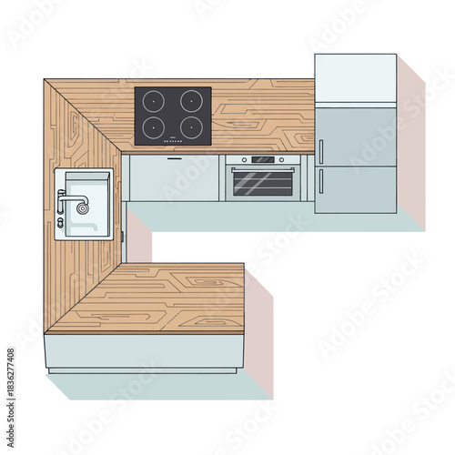 Top-down view of a modern L-shaped kitchen layout with appliances.
