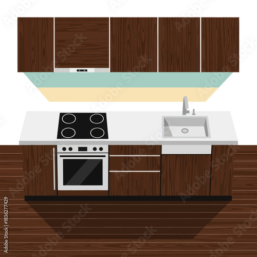 Modern Kitchen Countertop With Stove Sink and Cabinets.