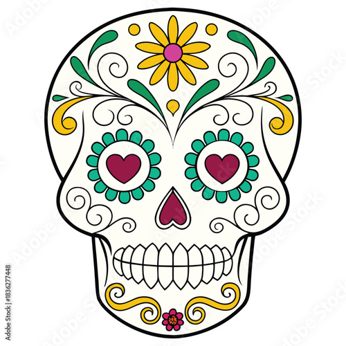 Whimsical Candy Skull Illustration with Floral Elements