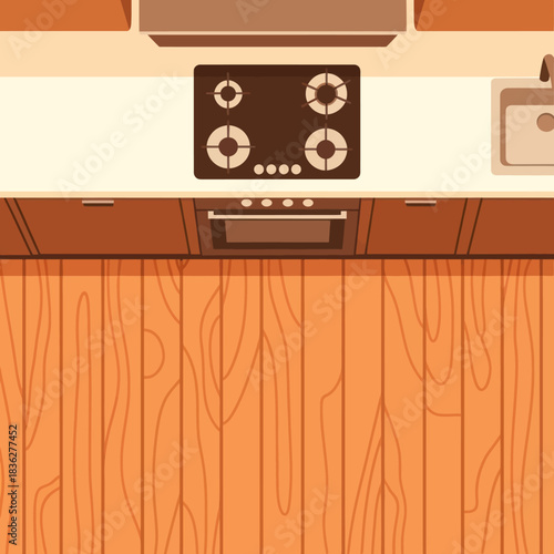 Modern Kitchen Interior with Built-in Appliances and Wooden Floor.