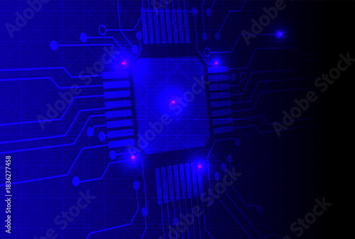 Futuristic Microchip CPU Circuit Board with Glowing Blue Technology Background