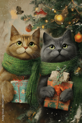 xmas card illustration of two cats with scarf and presents against decorated christmas tree, cute, winter, celebrate, christmas, christian, x-mas, noel, nativity, holiday, copy space, portrait format,