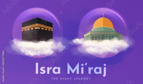 Isra Miraj 2026 Illustration with Kaaba and Dome of the Rock on Clouds for Islamic Night Journey Poster