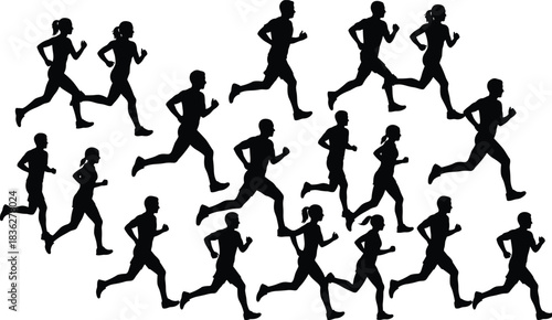 Running People Silhouettes, Diverse Male and Female Runners Jogging, Marathon, Sport, Fitness, Exercise, Race, Health, Vector