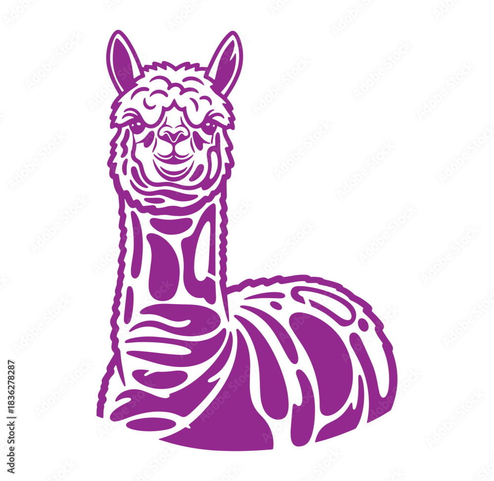 Naklejka premium Playful purple alpaca illustration featuring a smooth vector design on a pure white background