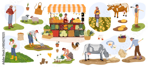 Farmer and gardener characters with farm harvest and garden work tools, vector agriculture set. Farmer characters at vegetables market booth, harvesting fruits, at cattle farm pasture or plant field