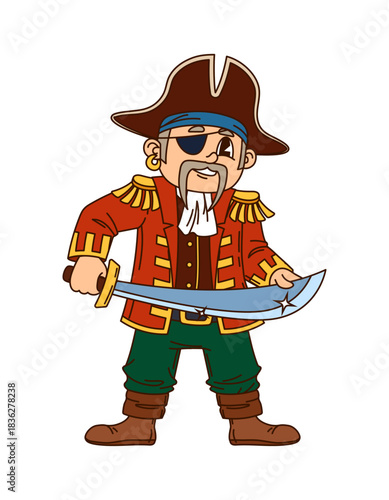 Corsair pirate crew captain with sword cartoon character. Boatswain fighter character, corsair isolated vector personage. Pirate bandit wearing red military suit and tricorn hat, armed with sword
