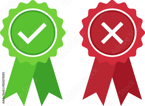 Checkmark and cross rosette badge icons, flat vector success failure symbols