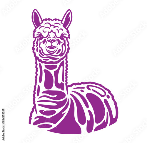 Playful purple alpaca illustration featuring a smooth vector design on a pure white background