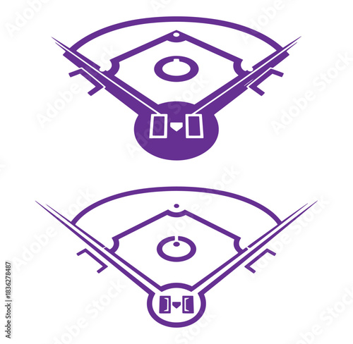 Purple baseball field icon design with minimalistic style and white background.