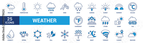 Weather icon set. Containing temperature, sun, rain, snow, cloud, humidity, summer, winter, spring, cloudy and rainy season. Climate symbol. Blue icon collection.