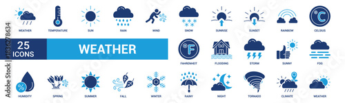Weather icon set. Containing temperature, sun, rain, snow, cloud, humidity, summer, winter, spring, cloudy and rainy season. Climate symbol. Solid icon collection.